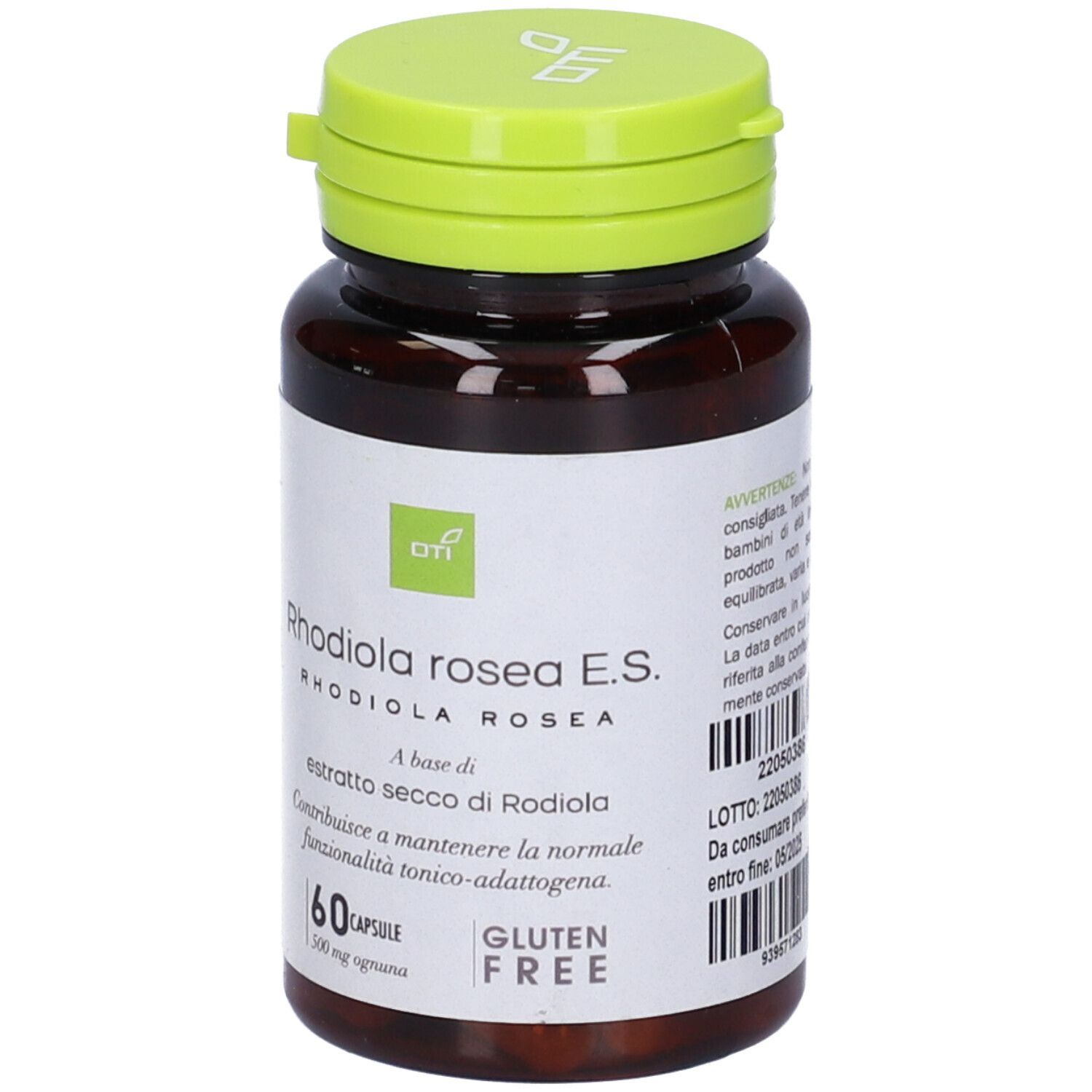 Flacone marrone con tappo verde. Scritta: Rhodiola rosea E.S. 60 capsule, senza glutine.