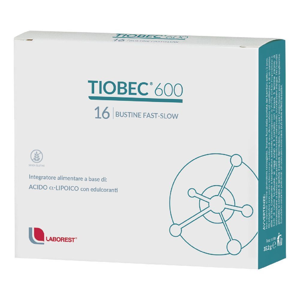Scatola "Tiobec 600" con 16 bustine "Fast-Slow". Logo Laborest. Contiene acido α-lipoico.