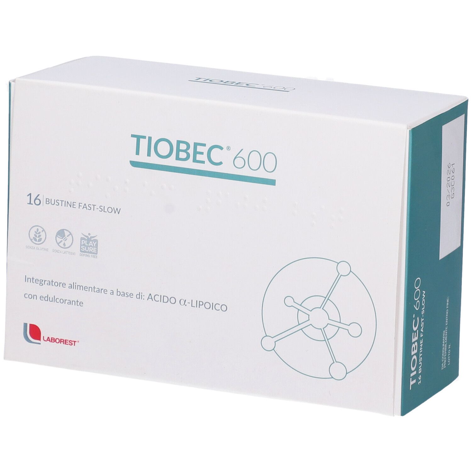 Scatola bianca "Tiobec 600" con 16 bustine "Fast-Slow". Logo Laborest. Contiene acido α-lipoico.