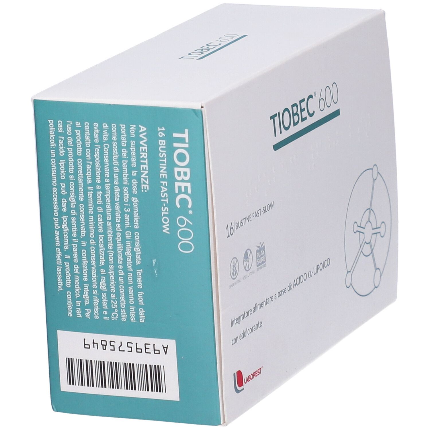 Scatola "Tiobec 600" con 16 bustine "Fast-Slow". Logo Laborest. Contiene acido α-lipoico.