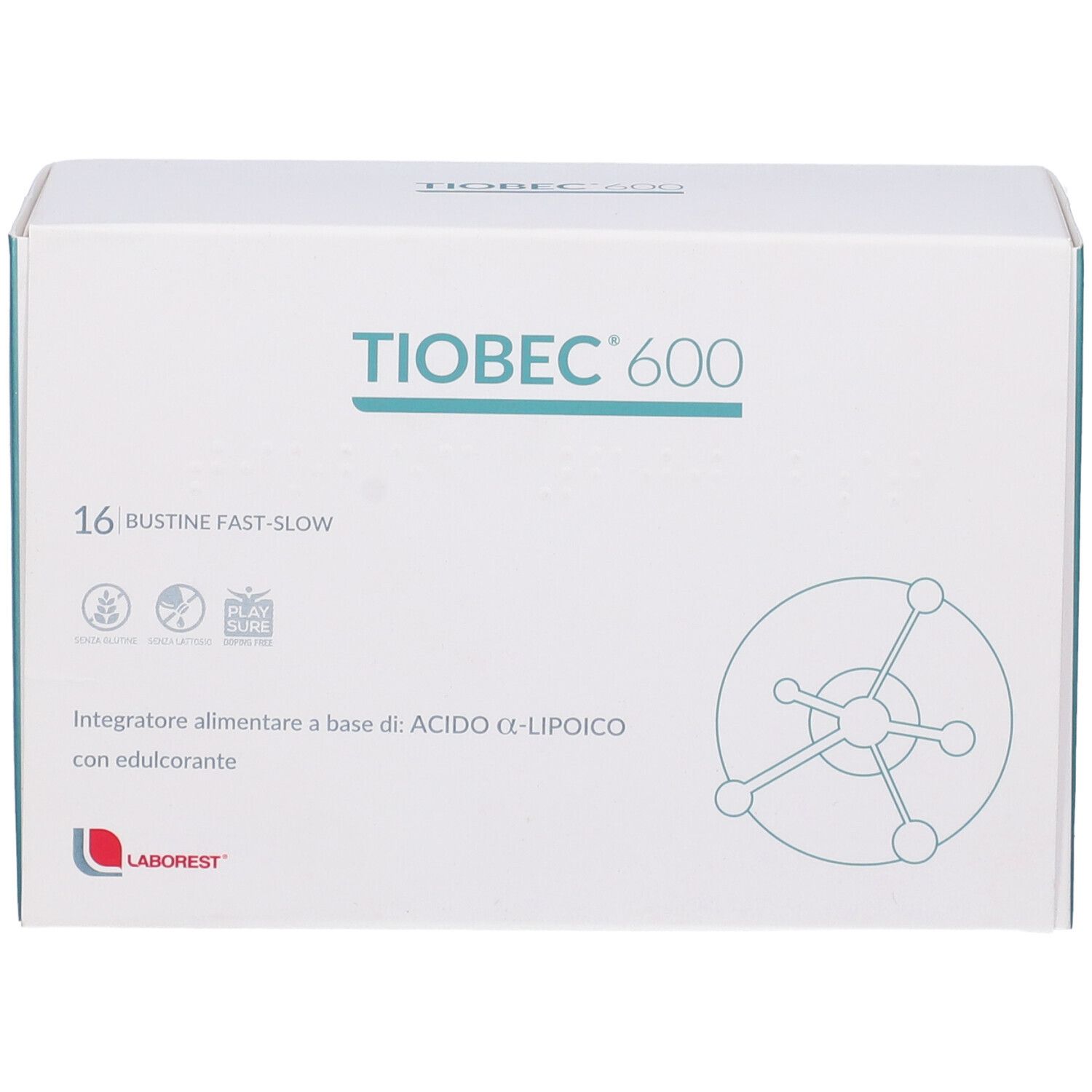Scatola bianca "Tiobec 600" con 16 bustine "Fast-Slow". Logo Laborest. Testo in italiano.