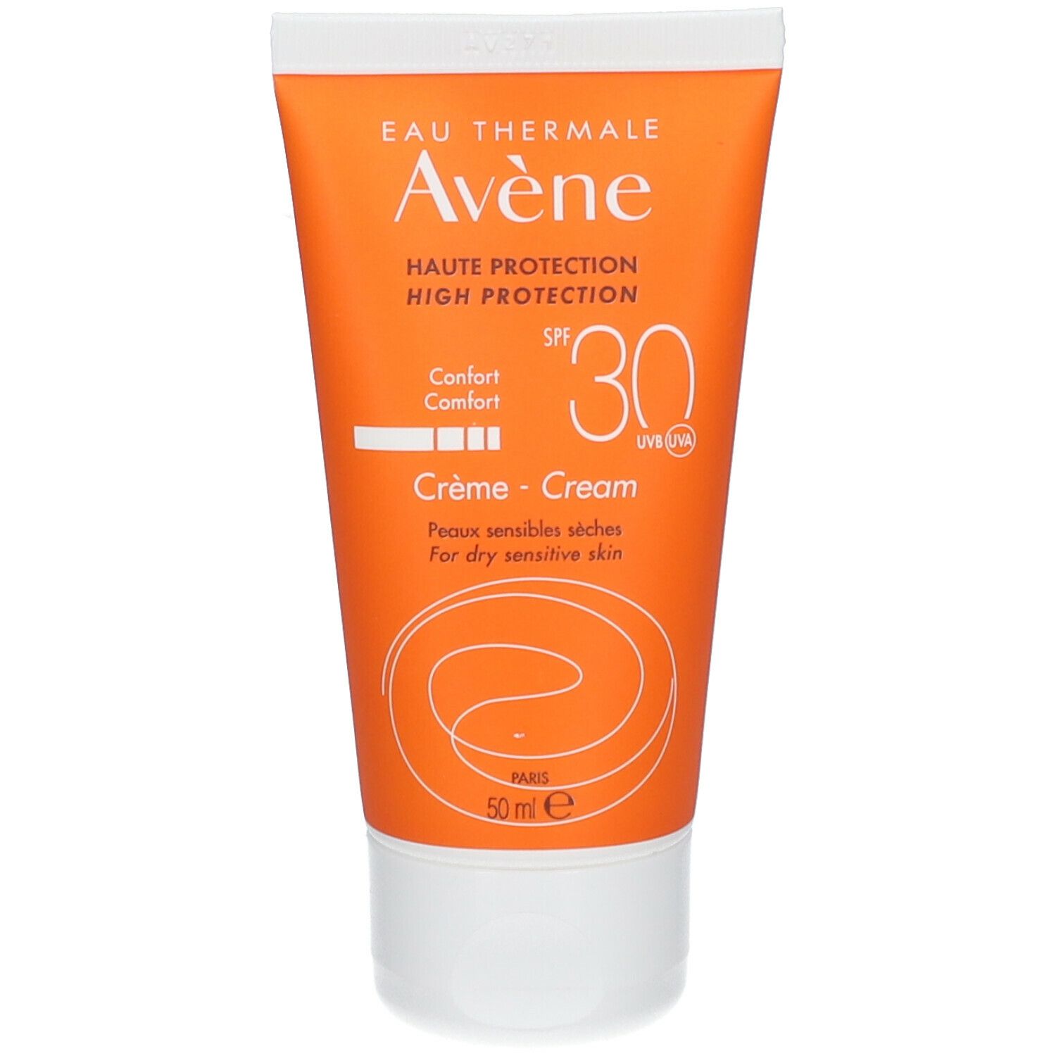 Tubo di crema solare Avène SPF 30. Tubo arancione con tappo bianco. Testo: Eau Thermale Avène, SPF 30, Crème - Cream, 50 ml.