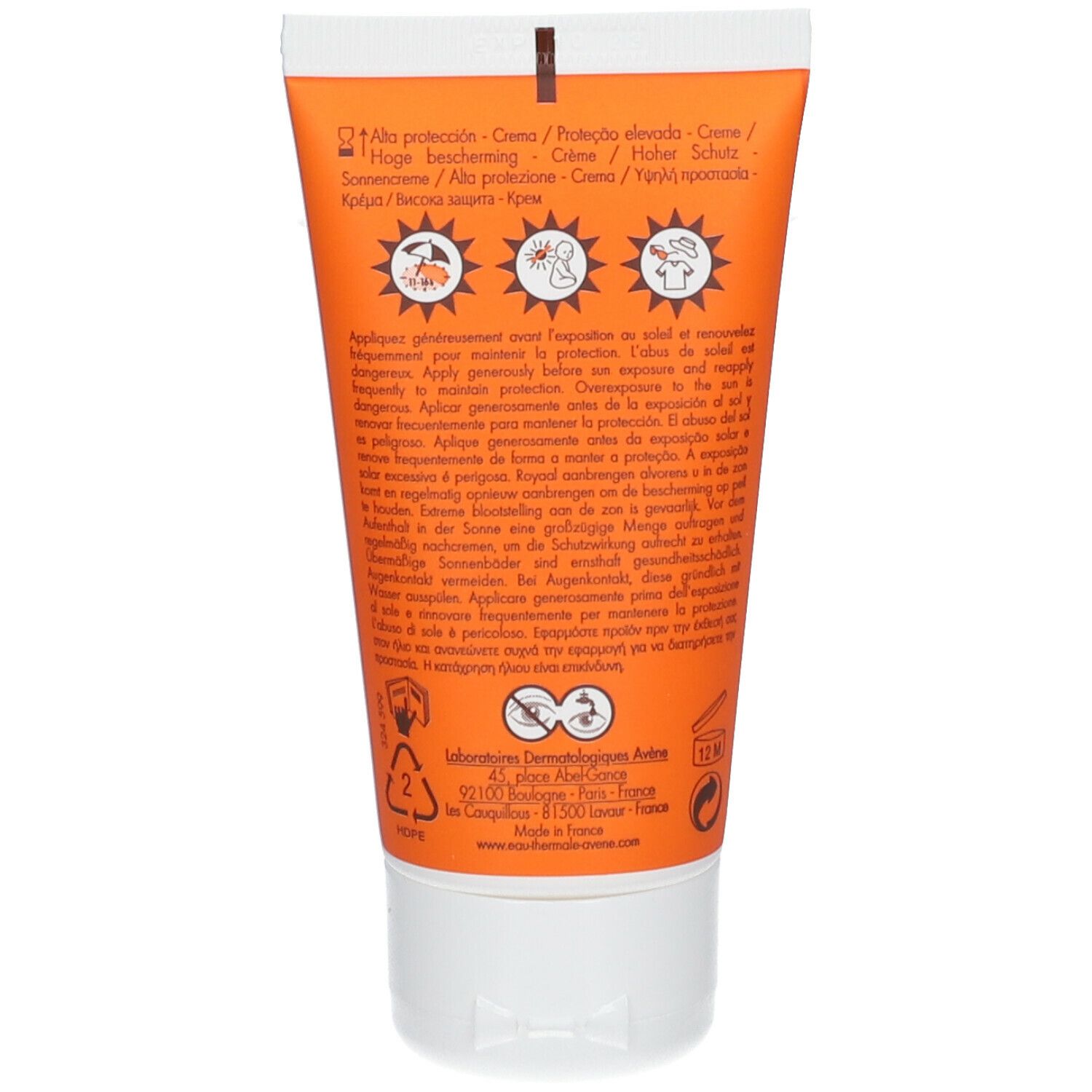 Retro del tubo di crema solare Avène SPF 30. Testo multilingue. Contiene informazioni sull'uso e sugli ingredienti.