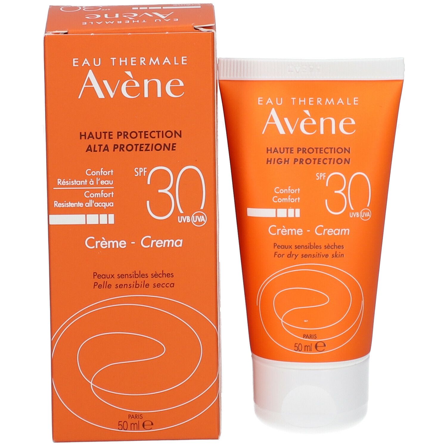 Tubo e scatola di crema solare Avène SPF 30. Scatola e tubo arancioni. Testo: Eau Thermale Avène, SPF 30, Crème - Crema, 50 ml.