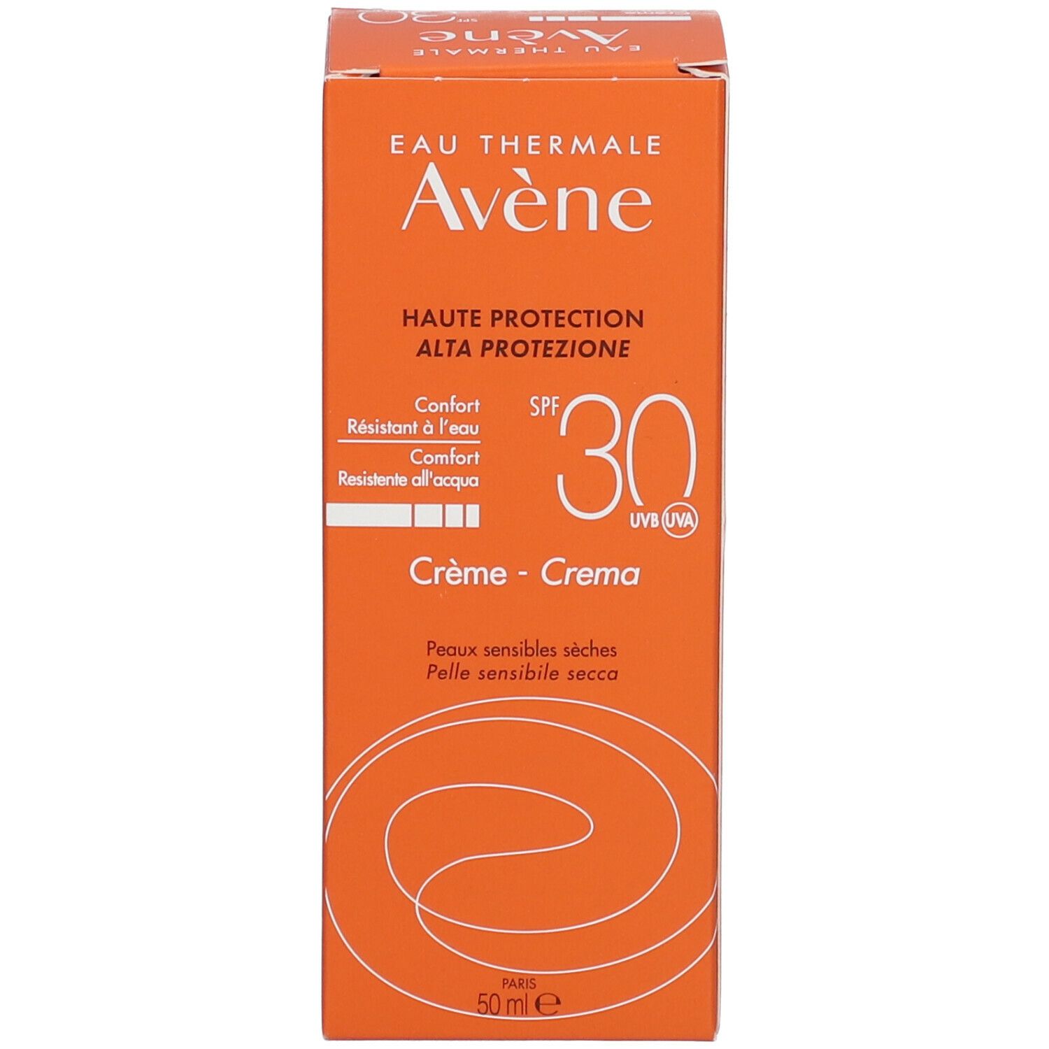 Scatola di crema solare Avène SPF 30. Scatola arancione. Testo: Eau Thermale Avène, SPF 30, Crème - Crema, 50 ml.