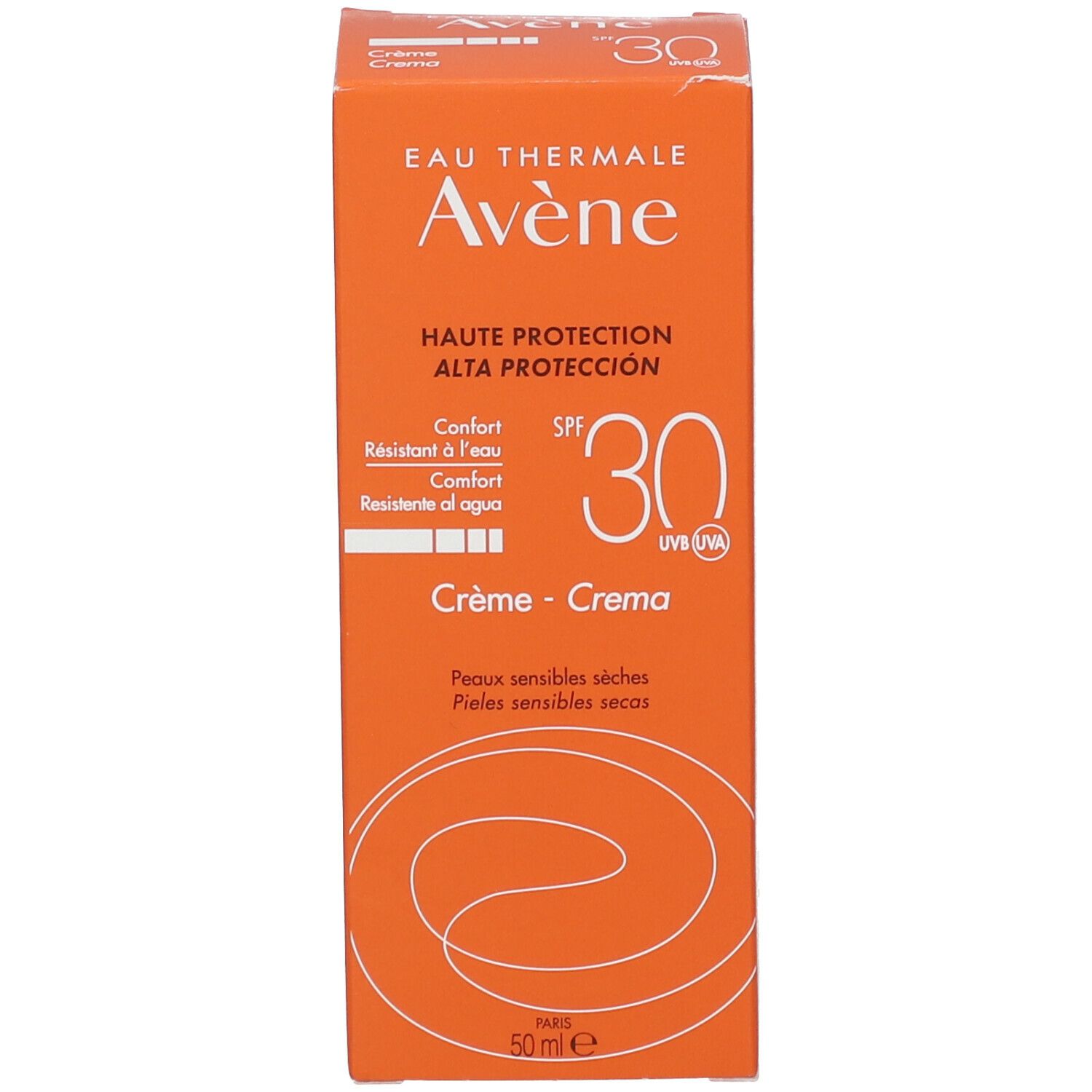 Scatola di crema solare Avène SPF 30. Scatola arancione. Testo: Eau Thermale Avène, SPF 30, Crème - Crema, 50 ml.