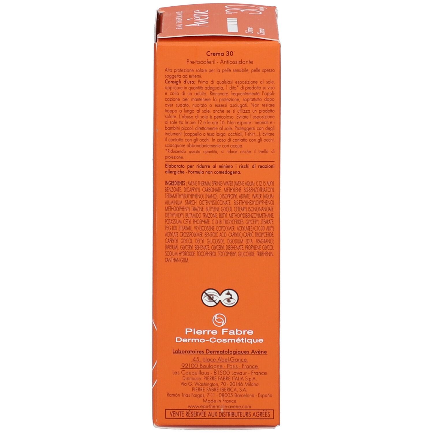 Retro della scatola di crema solare Avène SPF 30. Testo multilingue. Contiene informazioni sull'uso e sugli ingredienti.