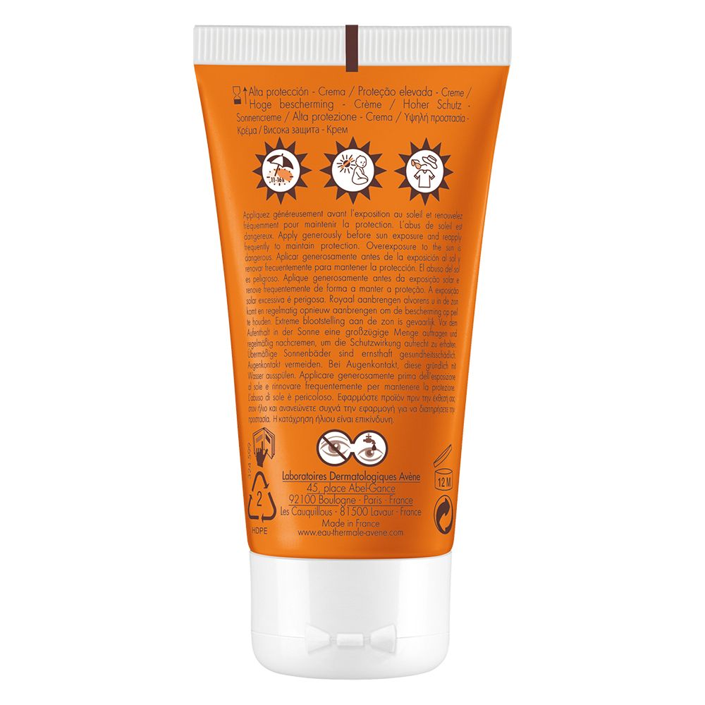 Retro del tubo di crema solare Avène SPF 30. Testo multilingue. Contiene informazioni sull'uso e sugli ingredienti.