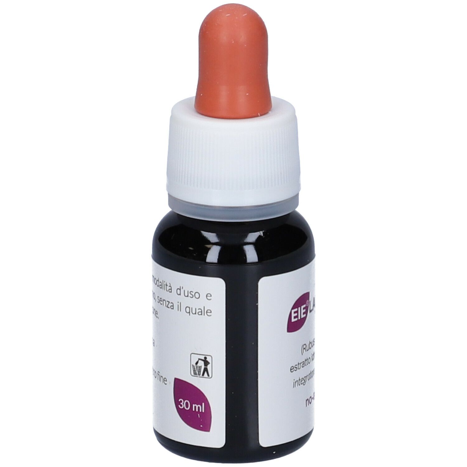 Piccola bottiglia di vetro con liquido marrone e contagocce. Scritta: EIE Lampone, no-alcool, 30 ml.
