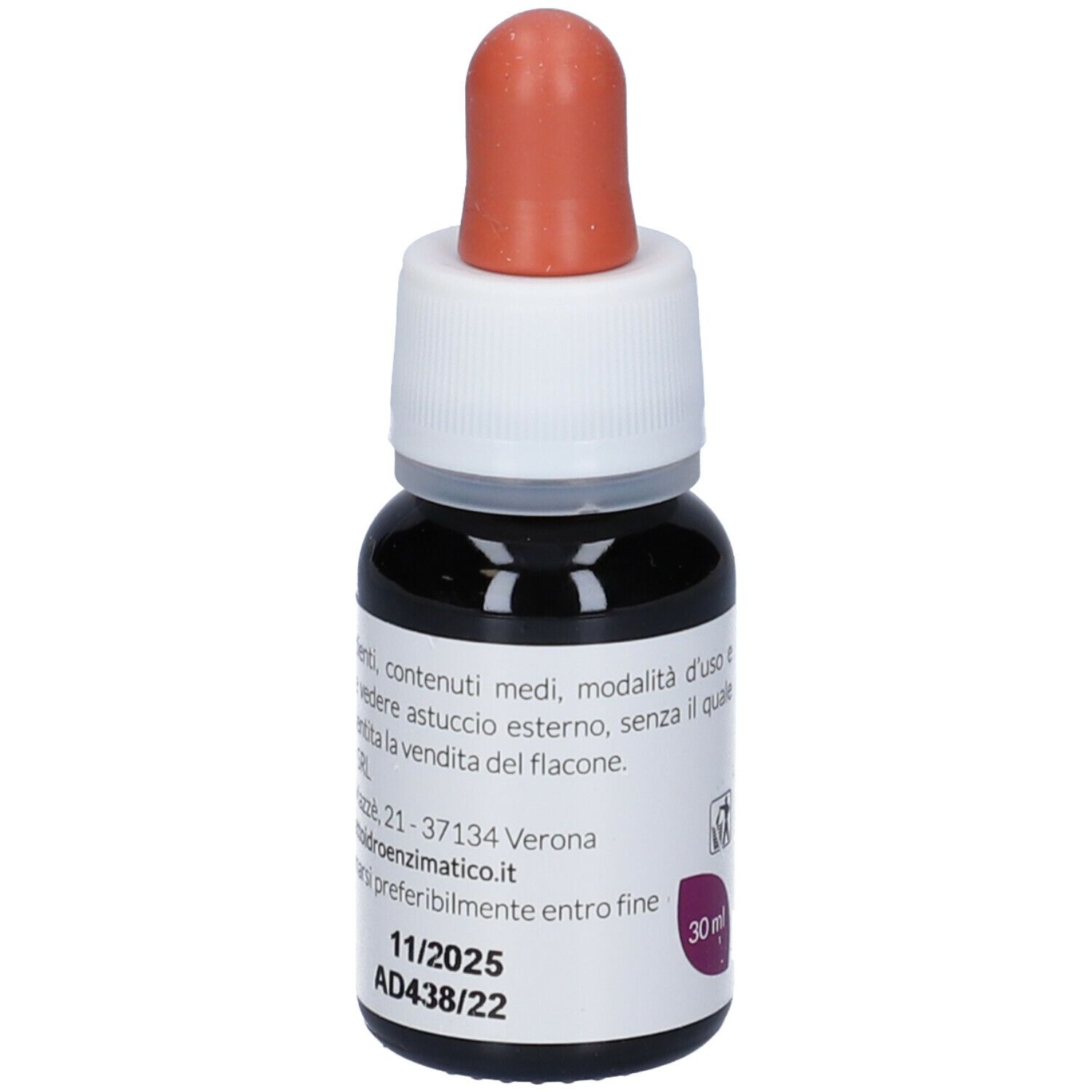 Piccola bottiglia di vetro con liquido marrone e contagocce. Scritta: EIE Lampone, no-alcool, 30 ml.