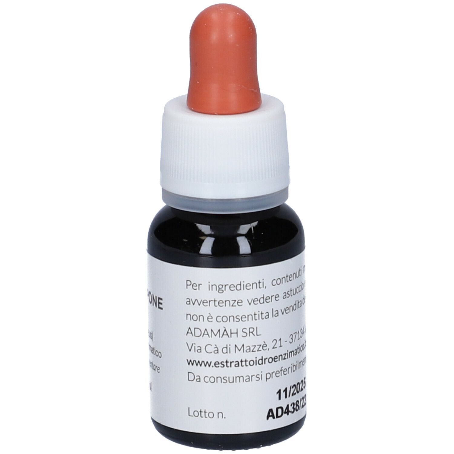 Piccola bottiglia di vetro con liquido marrone e contagocce. Scritta: EIE Lampone, no-alcool, 30 ml.