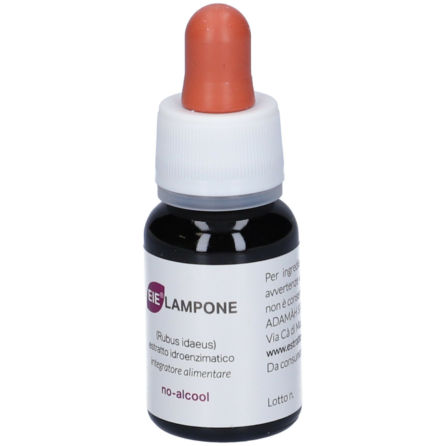 Piccola bottiglia di vetro con liquido marrone e contagocce. Scritta: EIE Lampone, no-alcool, 30 ml.