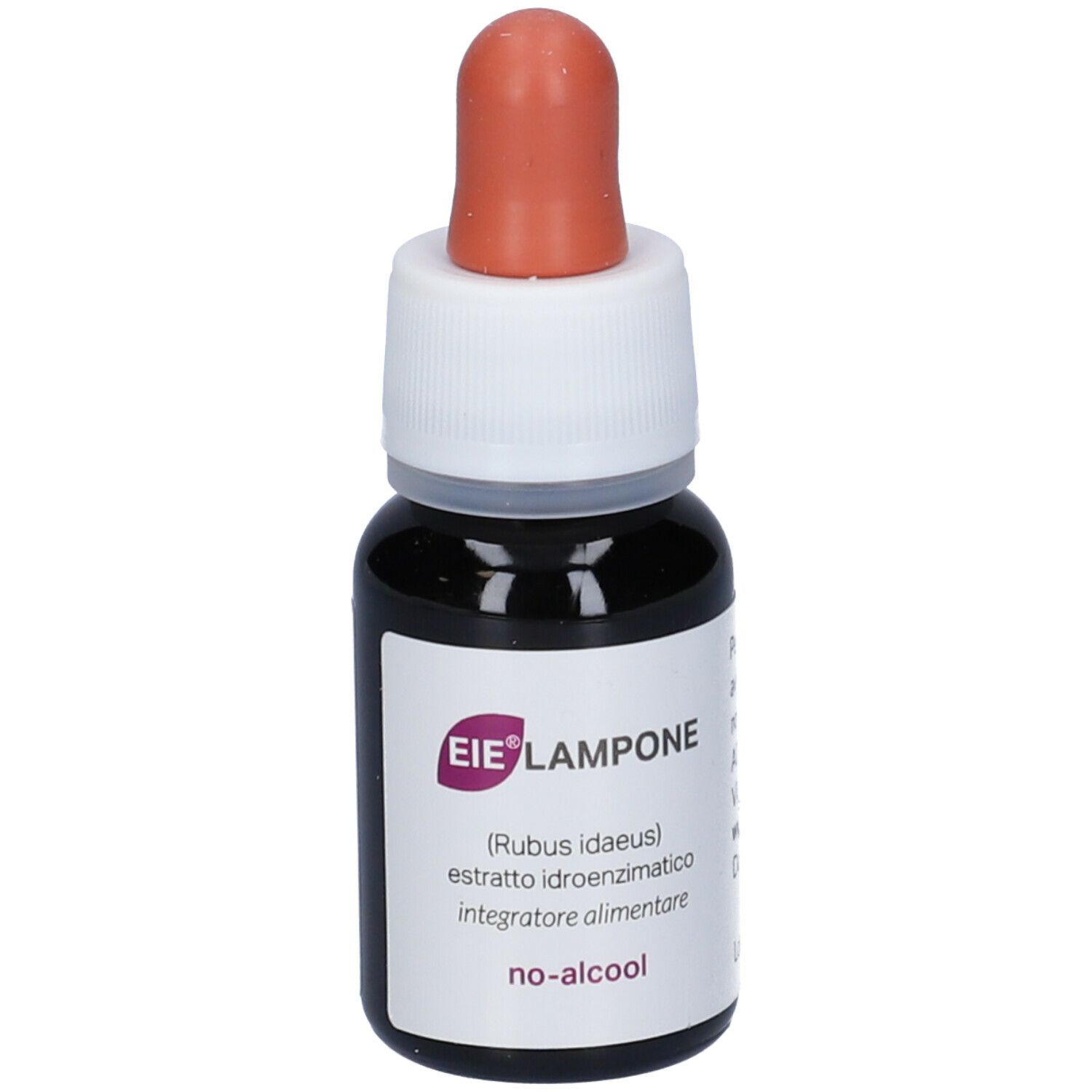 Piccola bottiglia di vetro con liquido marrone e contagocce. Scritta: EIE Lampone, no-alcool, 30 ml.