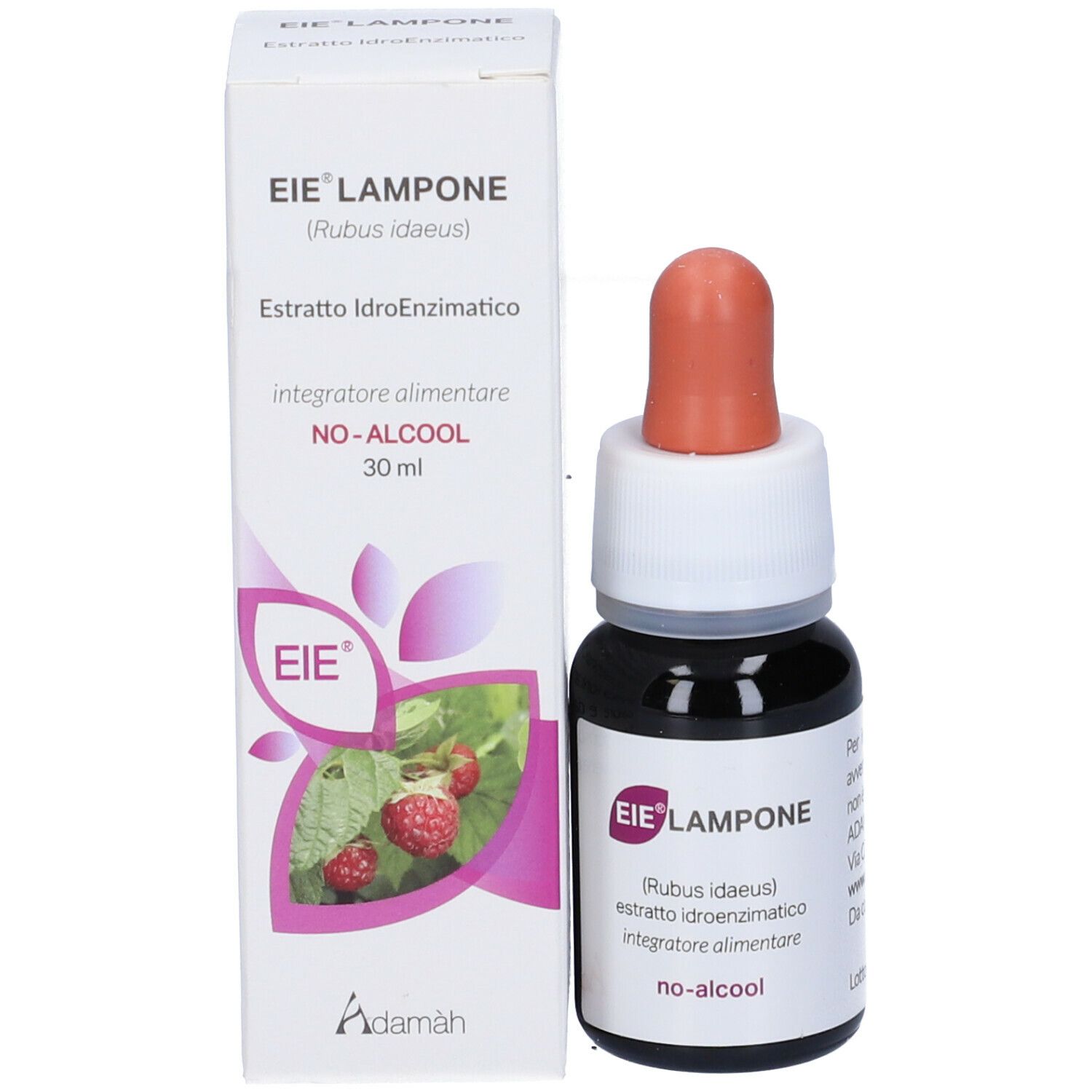 Scatola e flacone con contagocce. Stampa: EIE Lampone, lampone, 30 ml, logo. Flacone con liquido marrone.