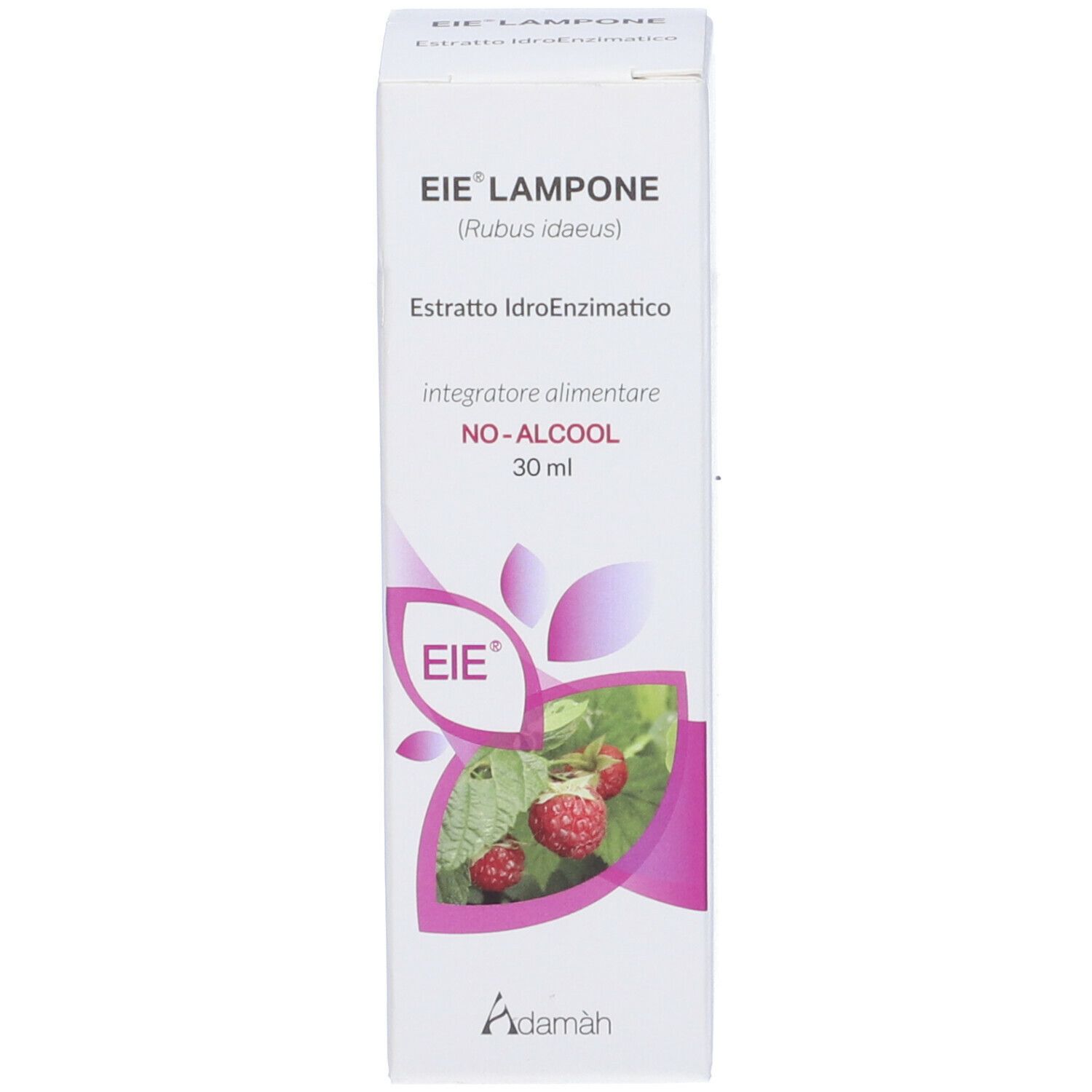 Scatola con stampa del prodotto. Stampa: EIE Lampone, lampone, 30 ml, logo.
