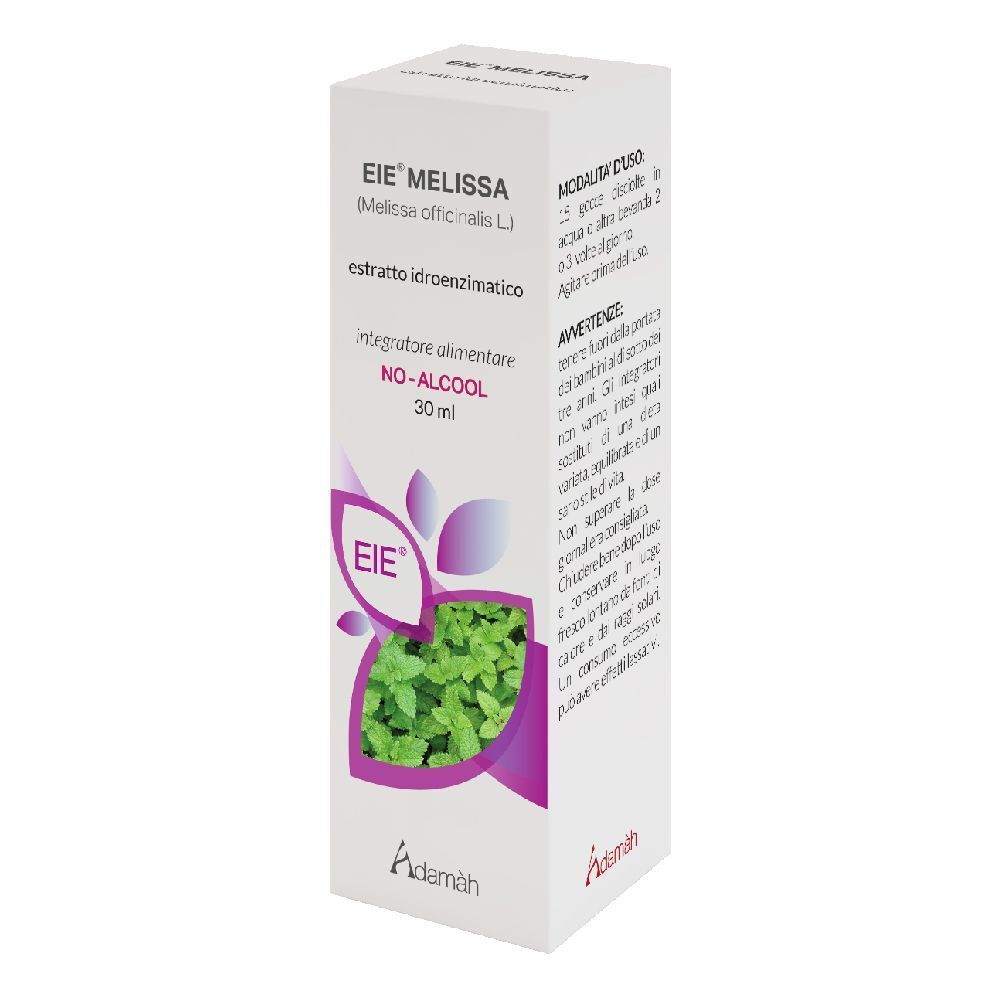 Weißer Karton mit Produktinformationen. Aufschrift: EIE Melissa, 30 ml, NO-ALCOOL. Abbildung von Minze.