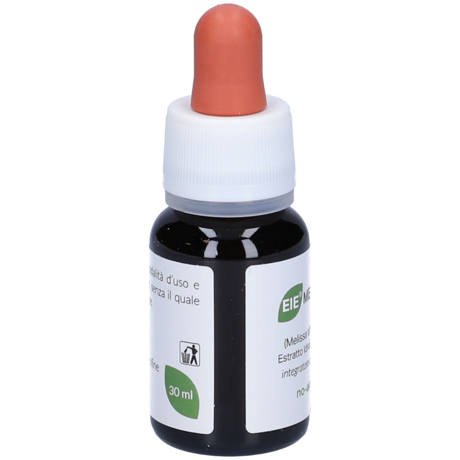 Braune Glasflasche mit Tropfer. Aufschrift: EIE Melissa, 30 ml, no-alcool. Roter Tropferaufsatz.