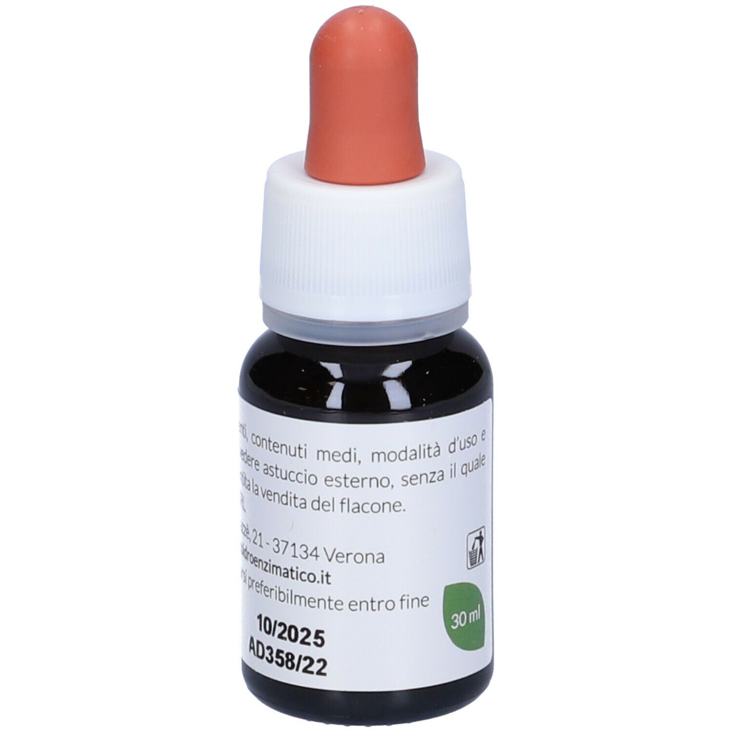 Braune Glasflasche mit Tropfer. Aufschrift: EIE Melissa, 30 ml, no-alcool. Roter Tropferaufsatz.