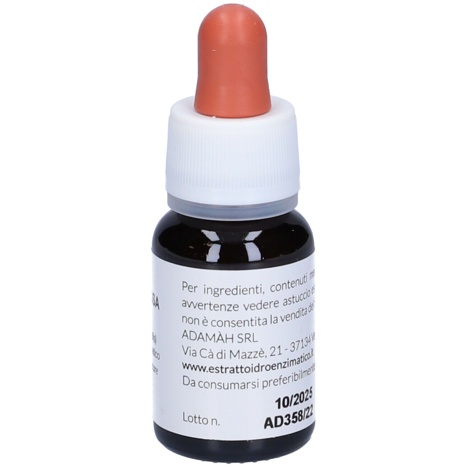 Braune Glasflasche mit Tropfer. Aufschrift: EIE Melissa, 30 ml, no-alcool. Roter Tropferaufsatz.