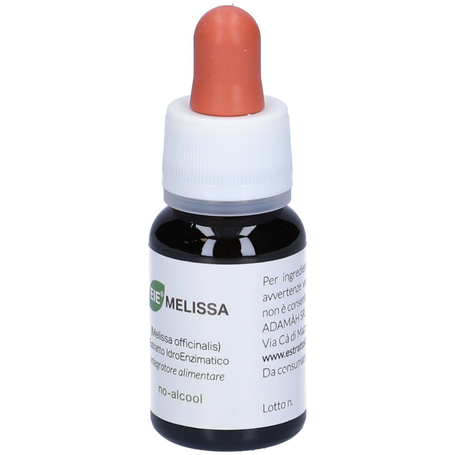 Braune Glasflasche mit Tropfer. Aufschrift: EIE Melissa, 30 ml, no-alcool. Roter Tropferaufsatz.