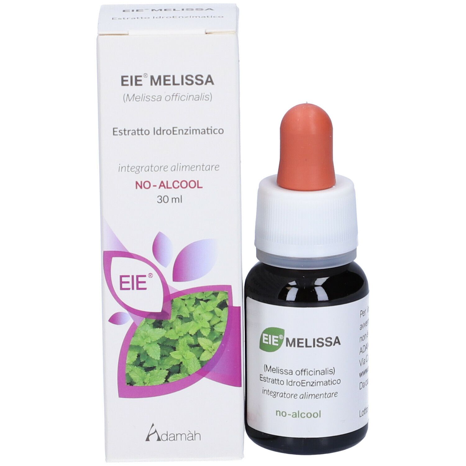 Braune Glasflasche mit Tropfer und Karton. Aufschrift: EIE Melissa, 30 ml, no-alcool. Roter Tropferaufsatz.