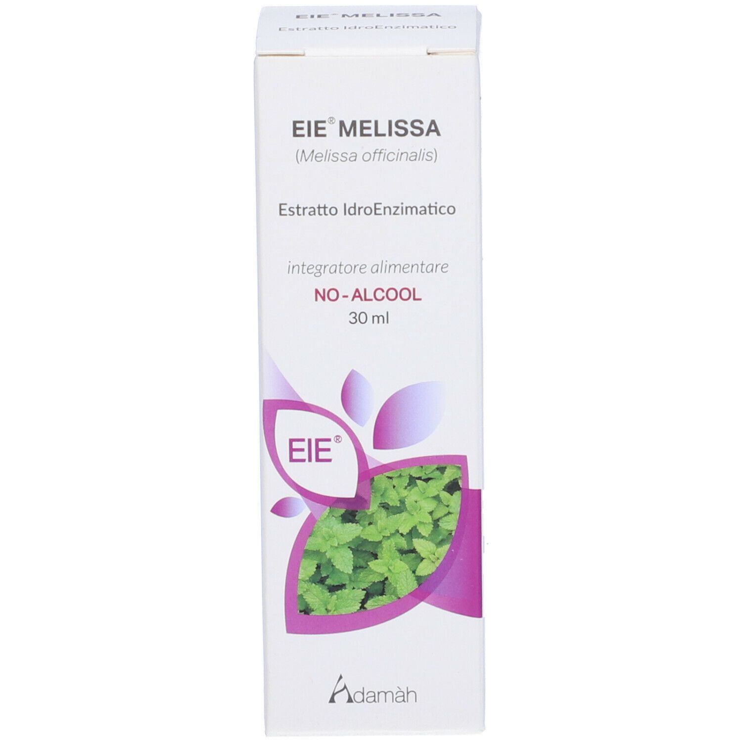 Weißer Karton mit Produktinformationen. Aufschrift: EIE Melissa, 30 ml, NO-ALCOOL. Abbildung von Minze.