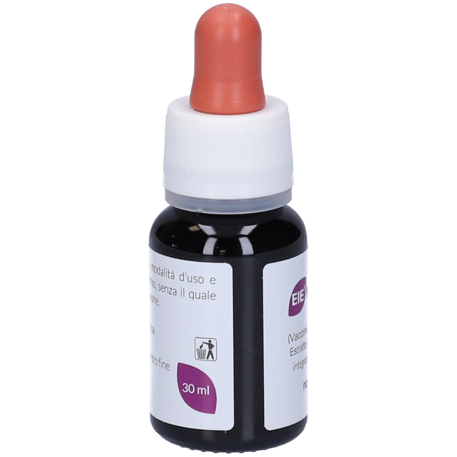 Braune Glasflasche mit Tropfer. Aufschrift: EIE Mirtillo, 30 ml.