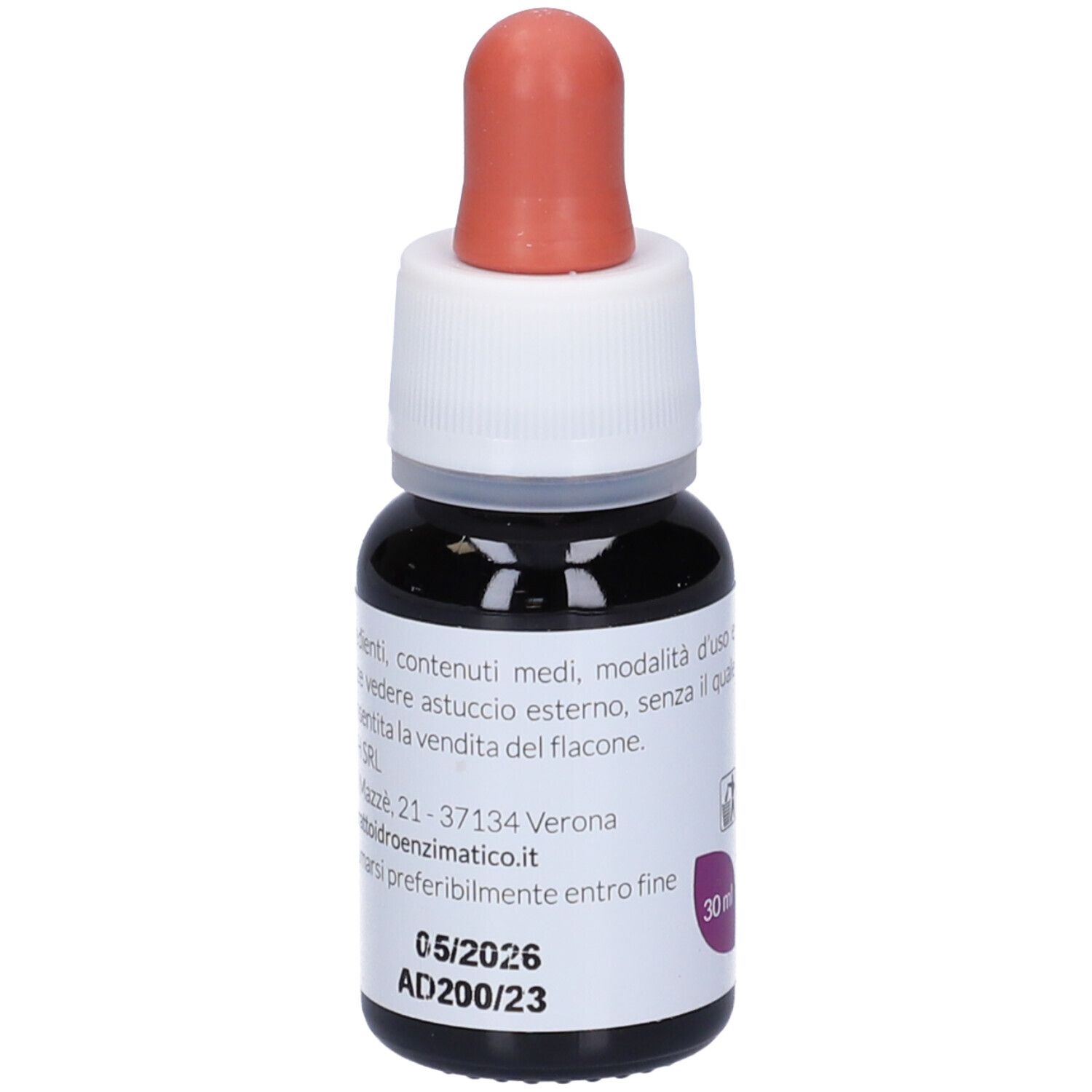Braune Glasflasche mit Tropfer. Aufschrift: EIE Mirtillo, 30 ml, und Verfallsdatum.