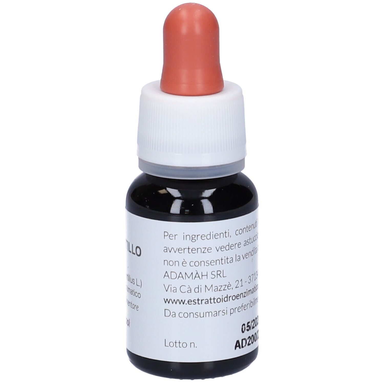Braune Glasflasche mit Tropfer. Aufschrift: EIE Mirtillo, 30 ml, und Herstelleradresse.