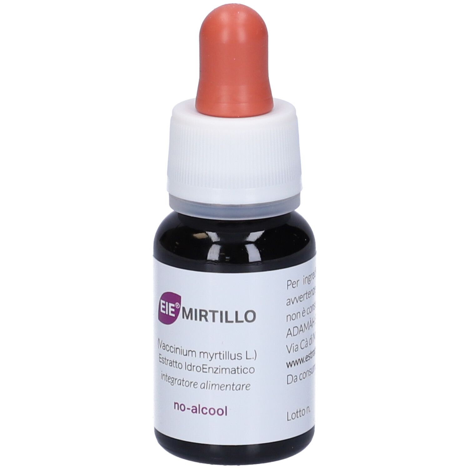 Braune Glasflasche mit Tropfer. Aufschrift: EIE Mirtillo, Extrakt, no-alcool.
