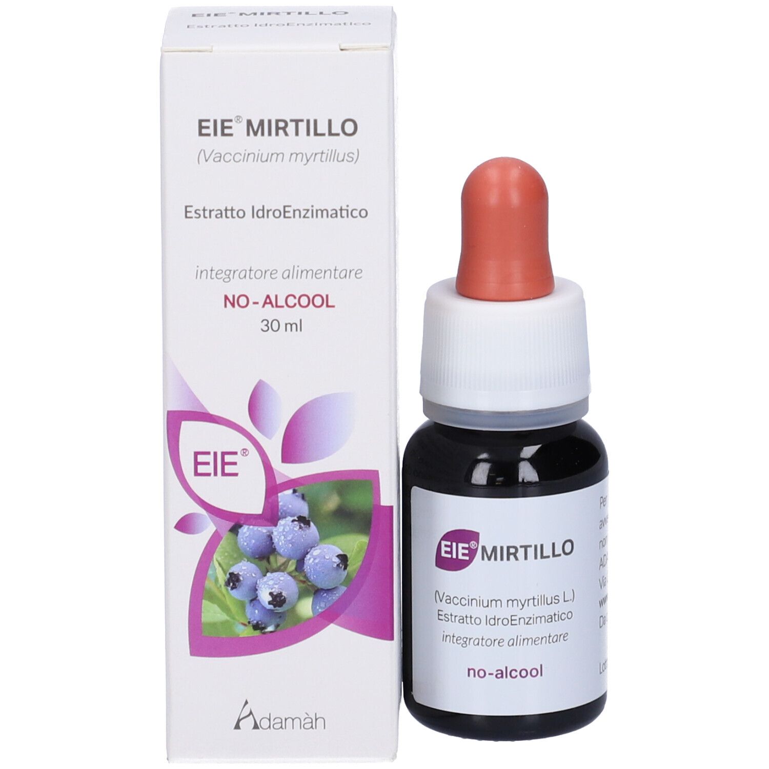 Produktverpackung und Flasche mit Tropfer. Aufschrift: EIE Mirtillo, 30 ml, Extrakt.