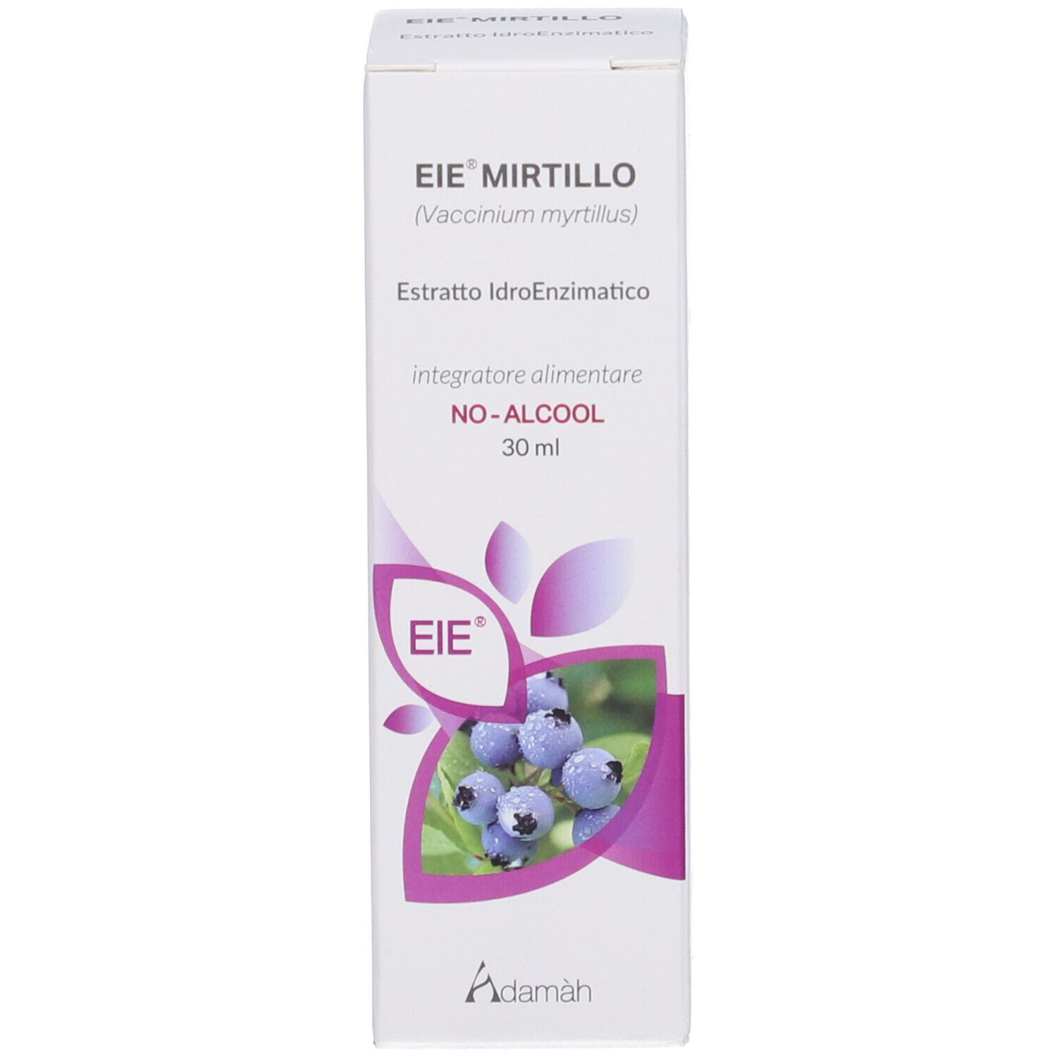 Karton mit Produktinformationen und Abbildung von Blaubeeren. Aufschrift: EIE Mirtillo, 30 ml.