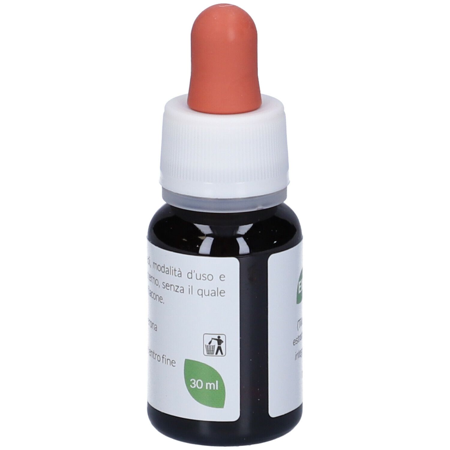 Flacone marrone con contagocce. Scritto: EIE TIGLIO, 30 ml. Tettarella rossa. Informazioni prodotto.