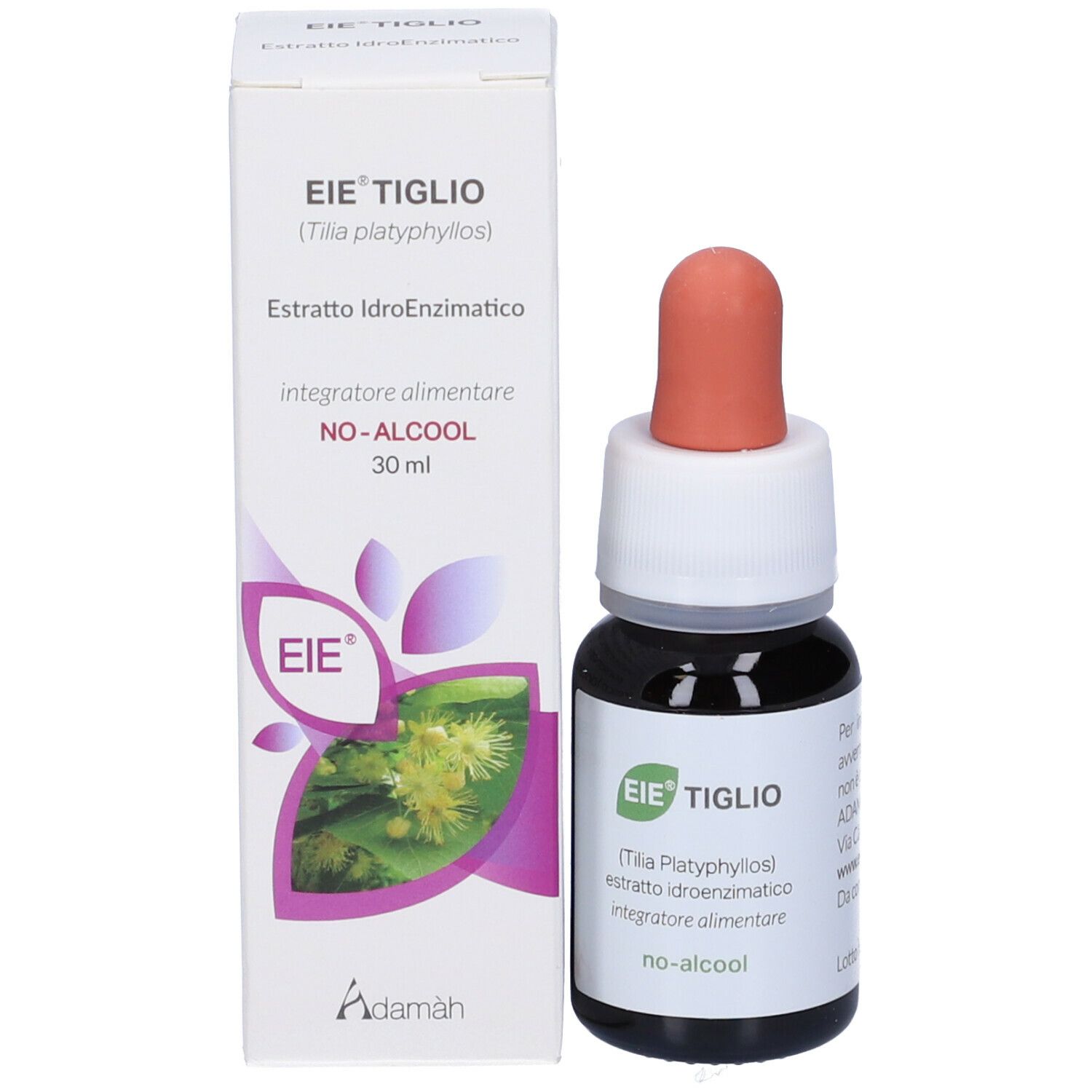 Flacone marrone con contagocce e scatola. Scritto: EIE TIGLIO, 30 ml. Tettarella rossa. Scatola con logo.
