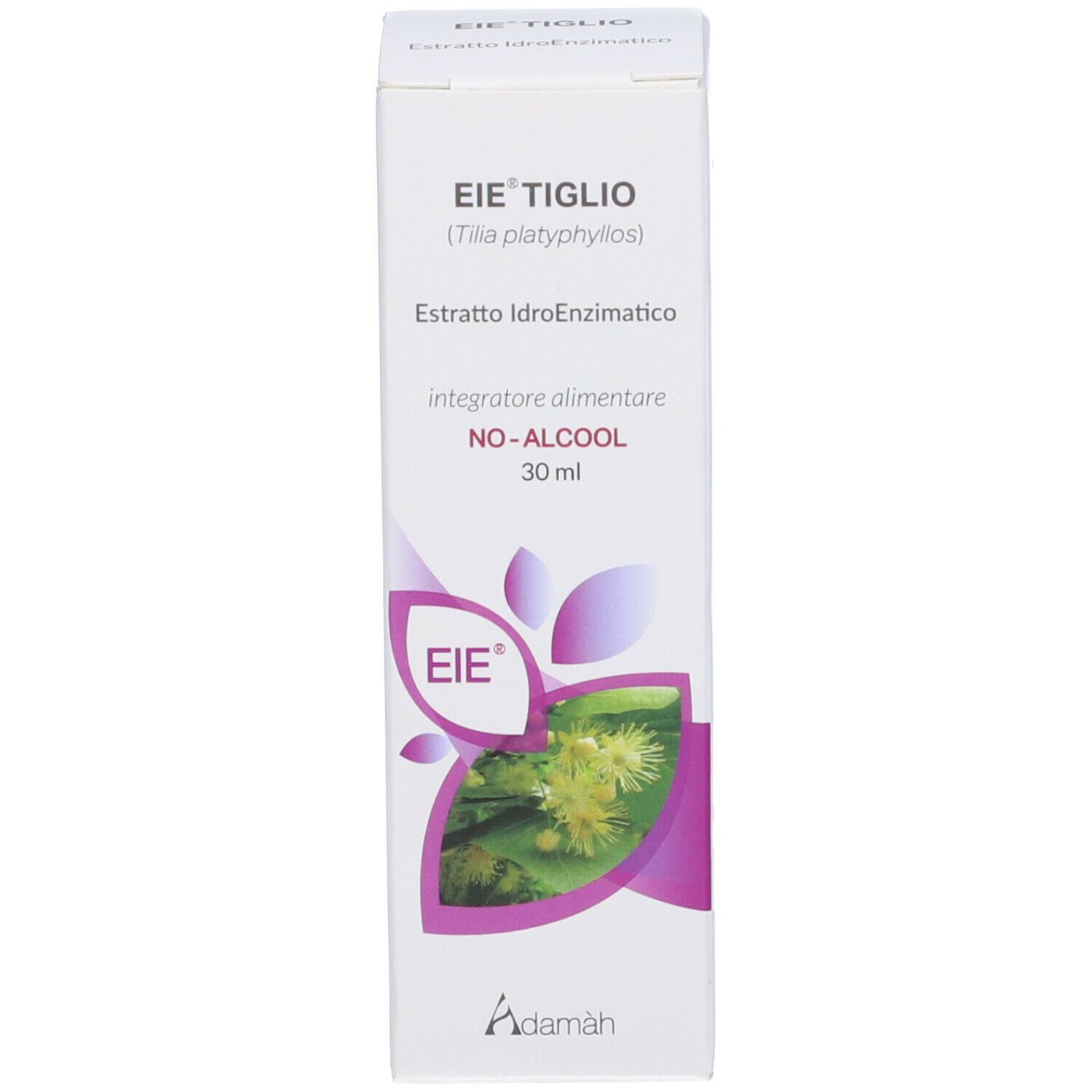 Scatola bianca con informazioni sul prodotto e logo. Scritto: EIE TIGLIO, NO-ALCOOL, 30 ml. Logo Adamàh.