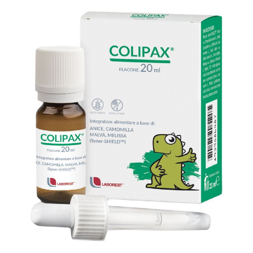 Flacon en verre brun, bouchon blanc, pipette. Inscription Colipax 20ml. Boîte avec nom du produit et illustration.