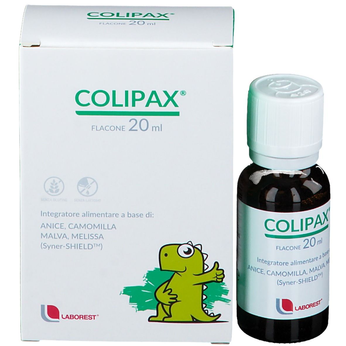 Boîte avec nom du produit Colipax 20ml. Flacon à côté. Illustration d'un dinosaure vert.