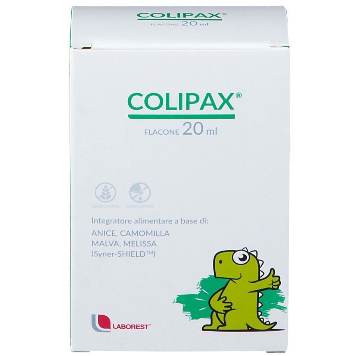 Boîte avec nom du produit Colipax 20ml. Illustration d'un dinosaure vert. Informations sur le produit.
