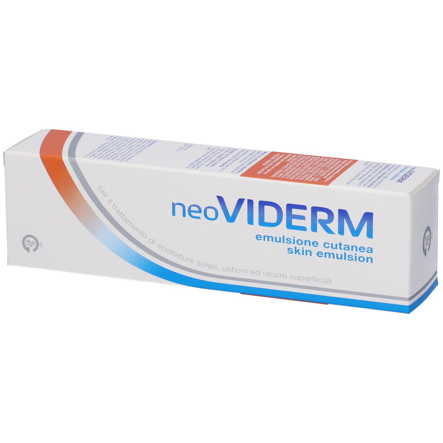 Scatola con nome neoVIDERM. Testo: Emulsione cutanea, skin emulsion. Elementi bianchi, blu e arancioni.