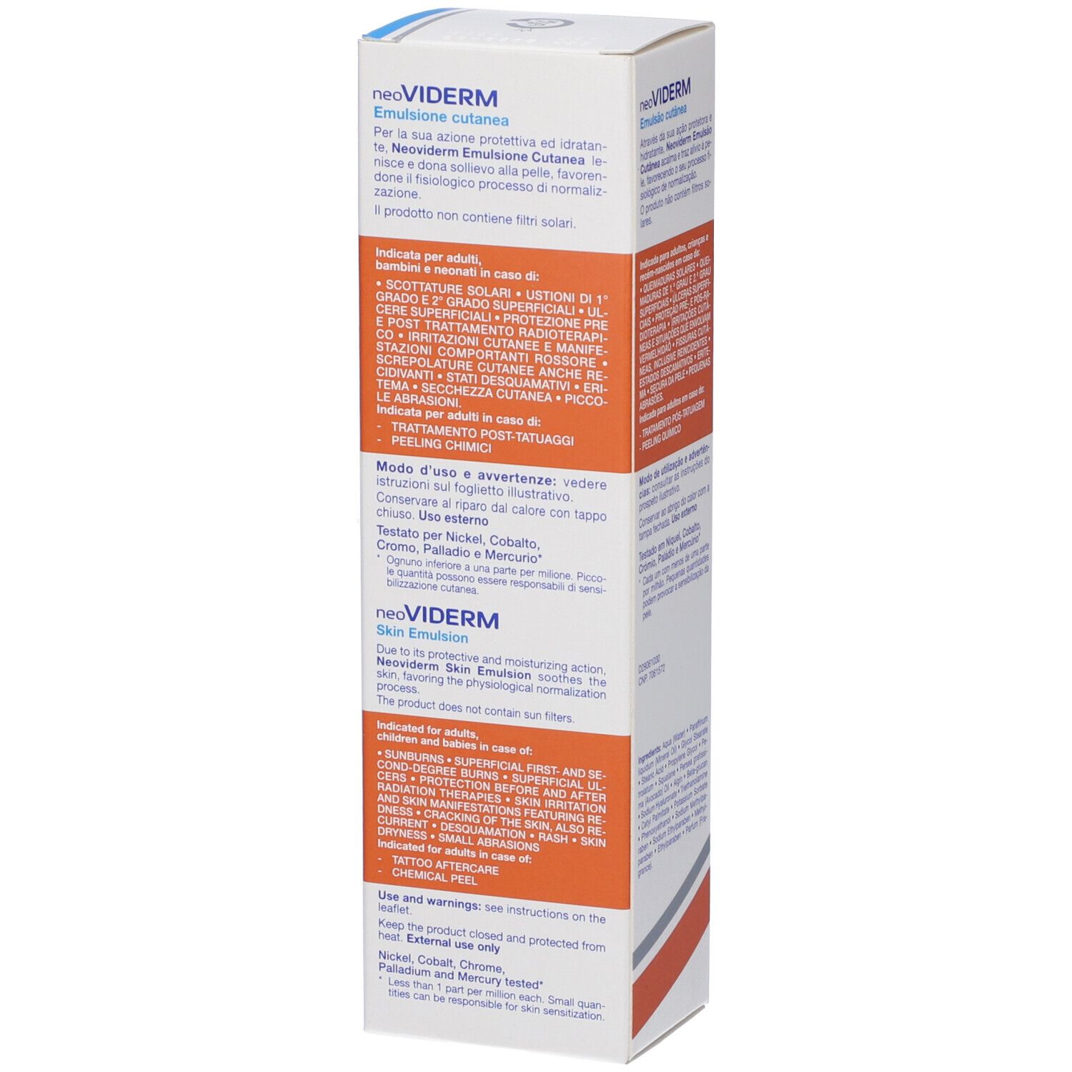 Scatola con nome neoVIDERM. Testo: Emulsione cutanea, skin emulsion. Retro con testo.