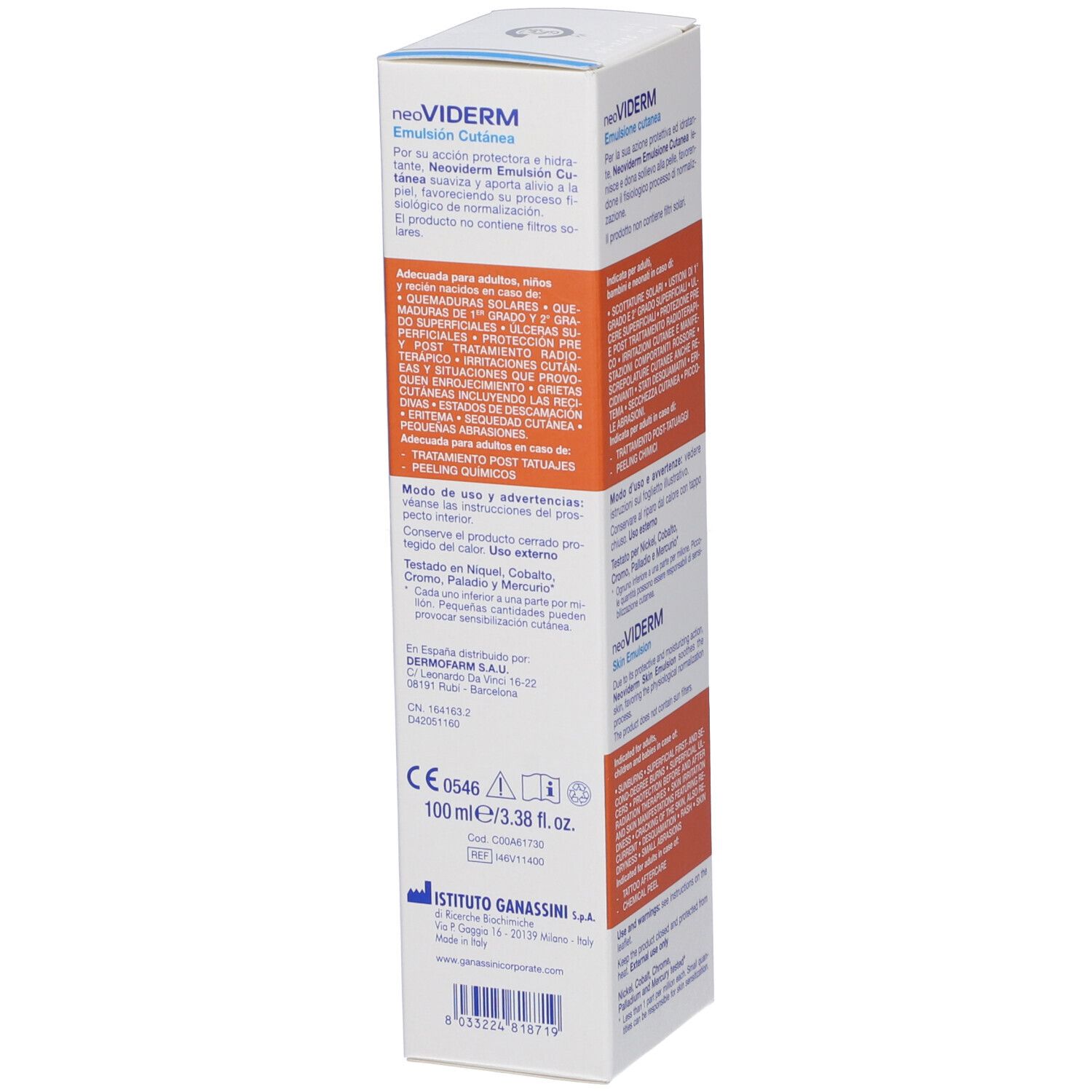 Scatola con nome neoVIDERM. Testo: Emulsione cutanea, skin emulsion. Retro con testo e indicazione del volume.