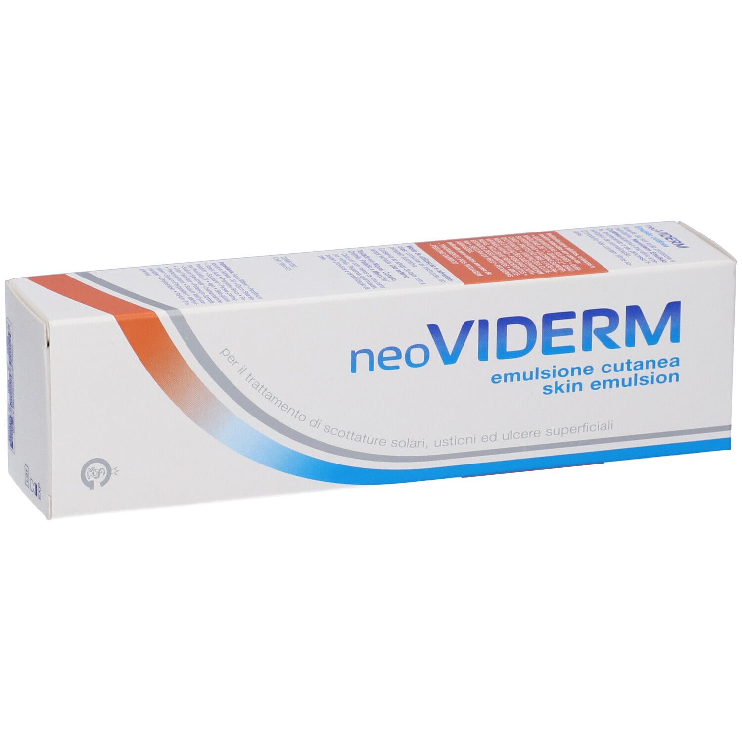 Scatola con nome neoVIDERM. Testo: Emulsione cutanea, skin emulsion. Elementi bianchi, blu e arancioni.
