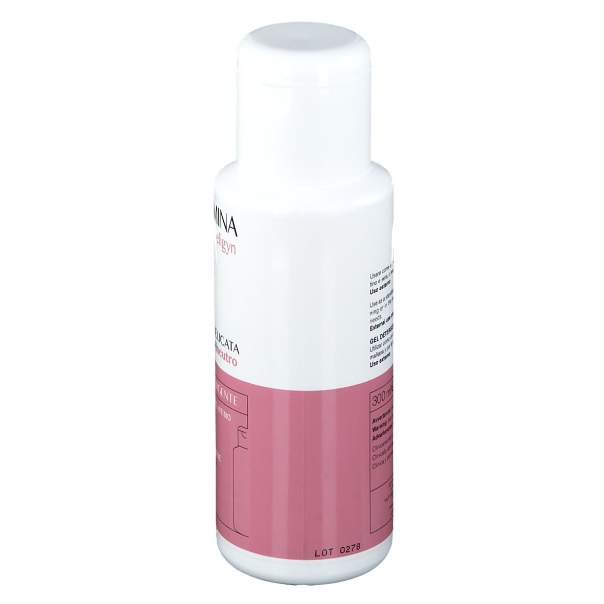 Weiße Flasche mit rosa Etikett. Text: Vidermina Deligyn, pH neutro, Dermode detergente, Dermocleanser.