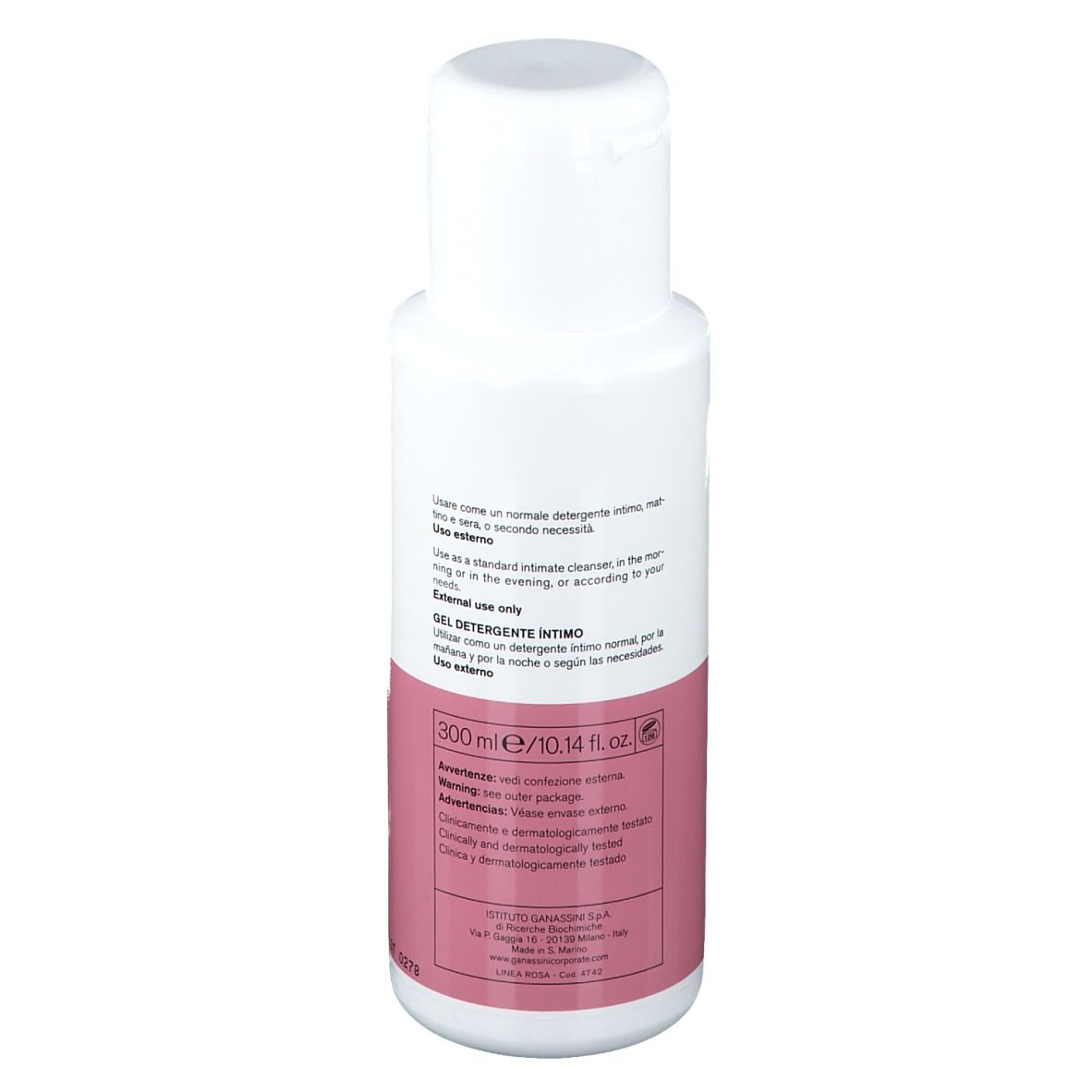Weiße Flasche mit rosa Etikett. Text: Vidermina Deligyn, pH neutro, Dermode detergente, Dermocleanser.