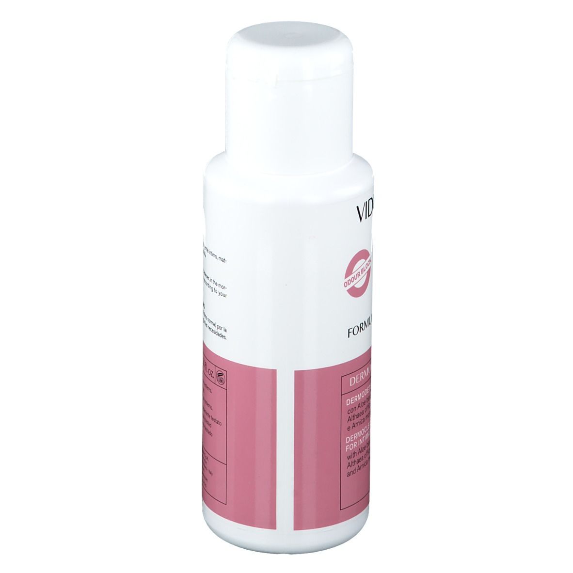 Weiße Flasche mit rosa Etikett. Text: Vidermina Deligyn, pH neutro, Dermode detergente, Dermocleanser.