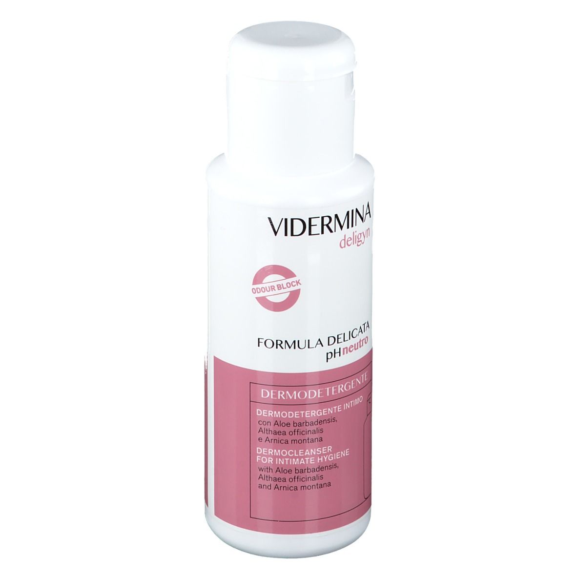Weiße Flasche mit rosa Etikett. Text: Vidermina Deligyn, pH neutro, Dermode detergente, Dermocleanser.
