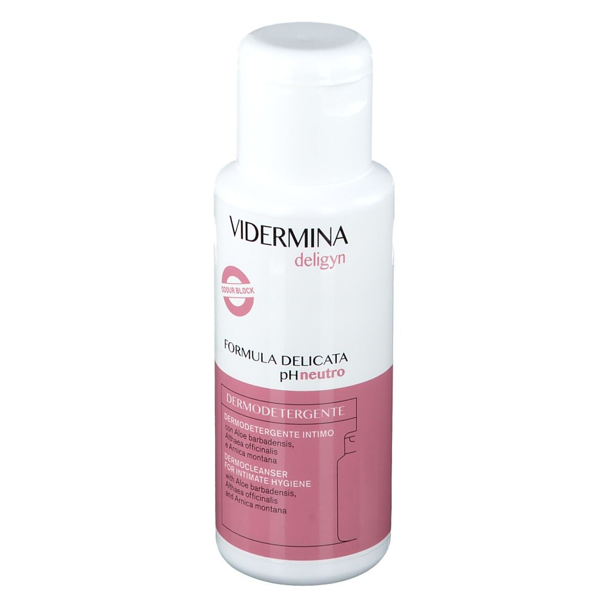 Weiße Flasche mit rosa Etikett. Text: Vidermina Deligyn, pH neutro, Dermode detergente, Dermocleanser.
