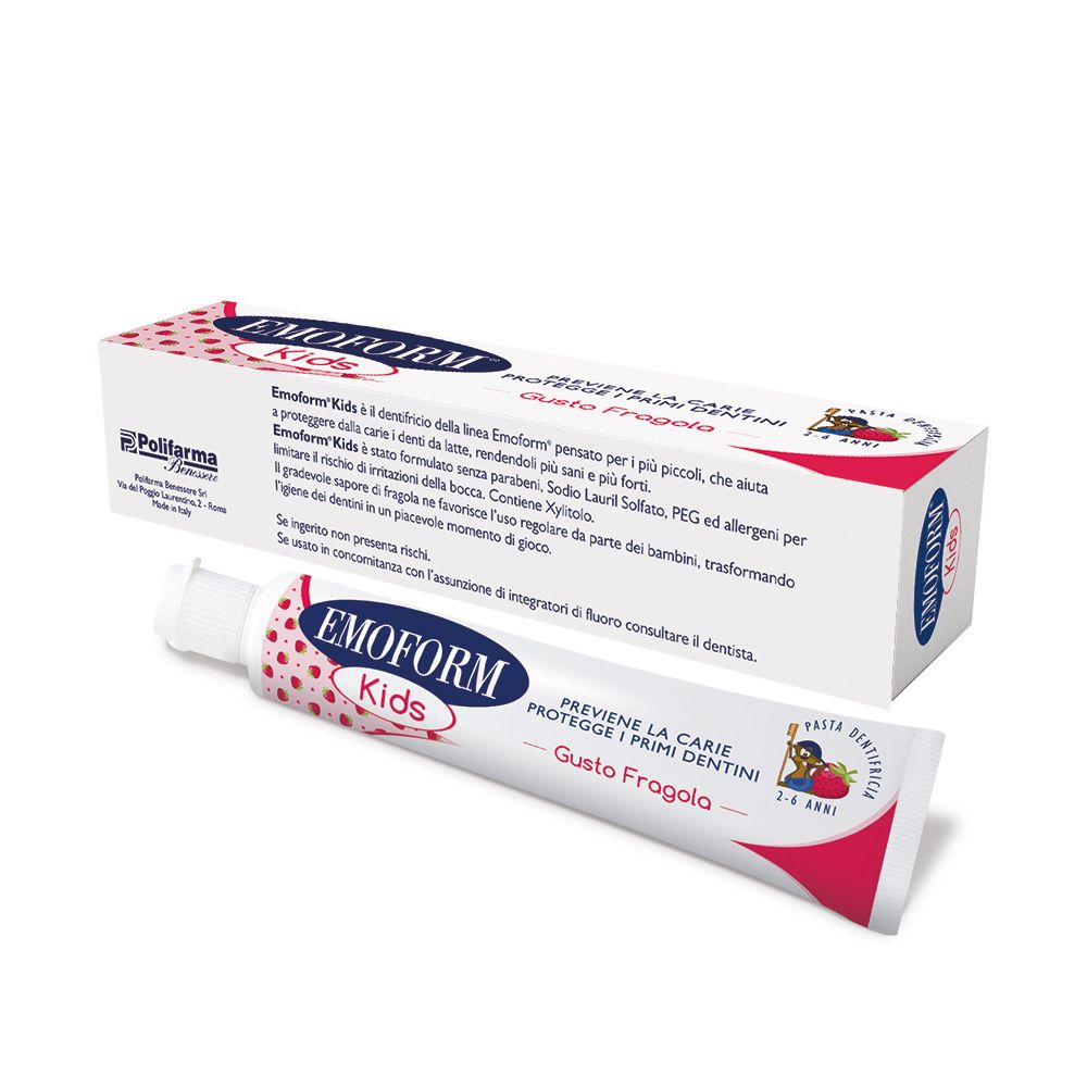 Zahnpasta-Tube und -Schachtel. Marke: Emoform Kids. Geschmack: Erdbeere. Schachtel mit Produktinformationen.