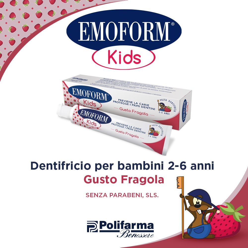 Zahnpasta und -Schachtel. Marke: Emoform Kids. Geschmack: Erdbeere. Aufschrift: Dentifricio per bambini 2-6 anni. 