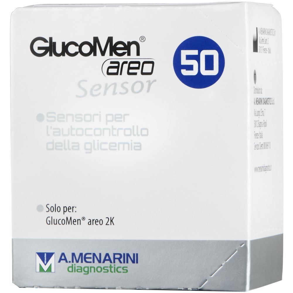 Confezione di GlucoMen® areo Sensor. Scatola bianca con nome del prodotto, indicazione 50 e logo A. Menarini Diagnostics.